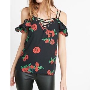 Express Rose Print Lace Up Cold Shoulder Top, Size XS